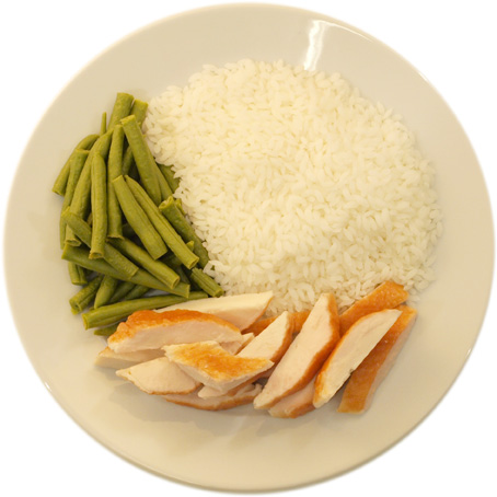 Hühnchen mit viel Reis und wenig Bohnen