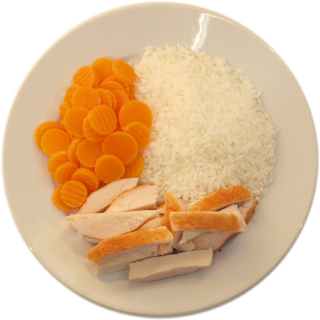 Hühnchen mit etwas mehr Reis als Karotten